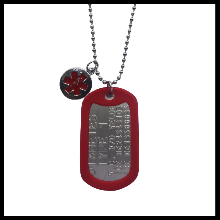 Medische dogtag Diabetes 1 of 2 inclusief medische bedel en ketting naar keuze.