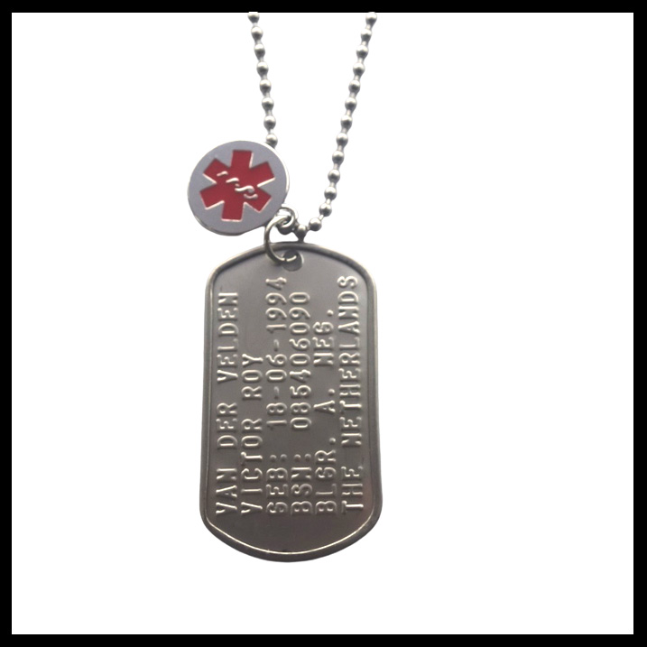 Medische dogtag RVS inclusief medische bedel dubbelzijdig en ketting naar keuze.