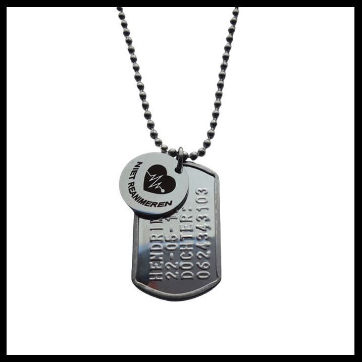 Dogtag niet reanimeren mini inclusief rvs bedel en rvs ketting