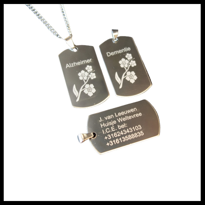 Alzheimer/Dementie dogtag gegraveerd luxe inclusief rvs ketting naar keuze