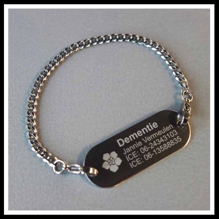 Armband Alzheimer/Dementie gegraveerd met rvs schakelarmband op uw maat gemaakt