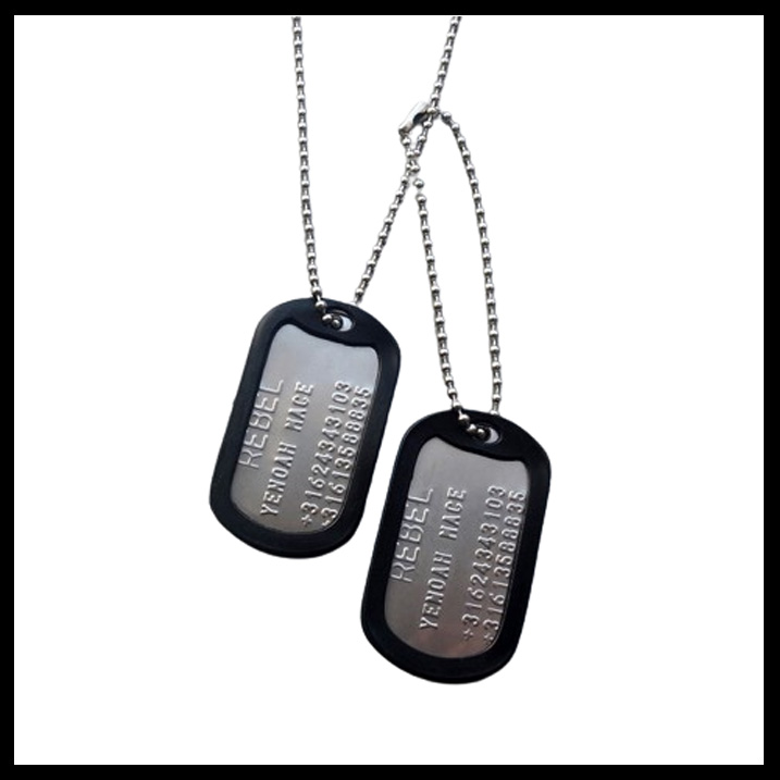 Dogtags special met groot l;ettertype op de eerste regel en klein lettertype op de overige 4 regels inclusief rvs ketting 60cm en 13 cm