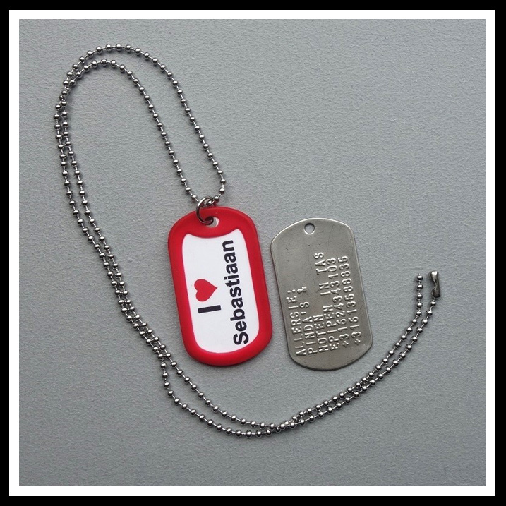 Dogtag met sticker I love en eigen tekstregel. Achterzijde 6 regels tekst geponst. Inclusief RVS ketting naar keuze.