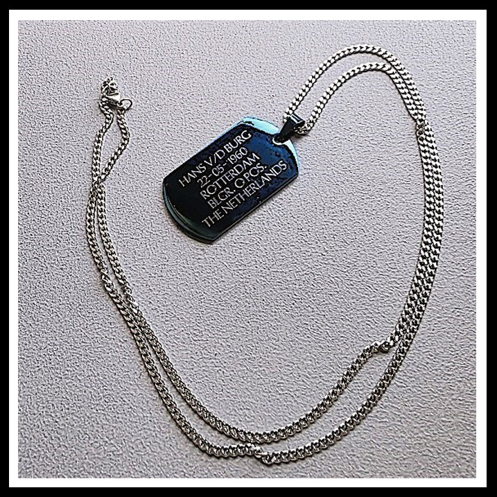 Dogtag gegraveerd incl. RVS ketting naar keuze