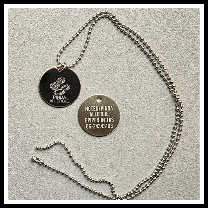 Ketting allergie diverse penning RVS 2-zijde gravure incl. nikkelvrije balletjes ketting