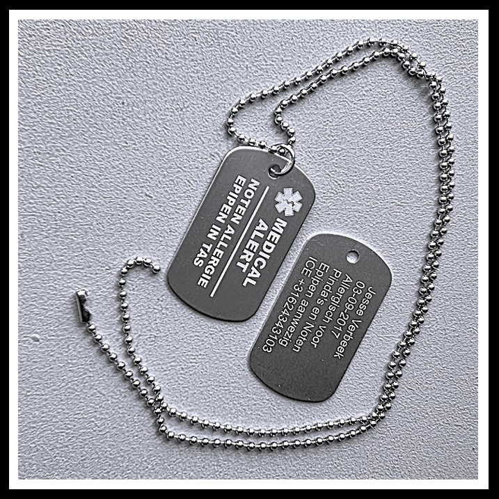 Medische dogtag medical alert 2-zijde gravure ALUMINIUM incl. RVS ketting naar keuze