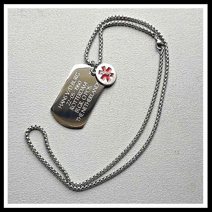 Dogtag gegraveerd Medisch RVS incl. RVS ketting en bedel