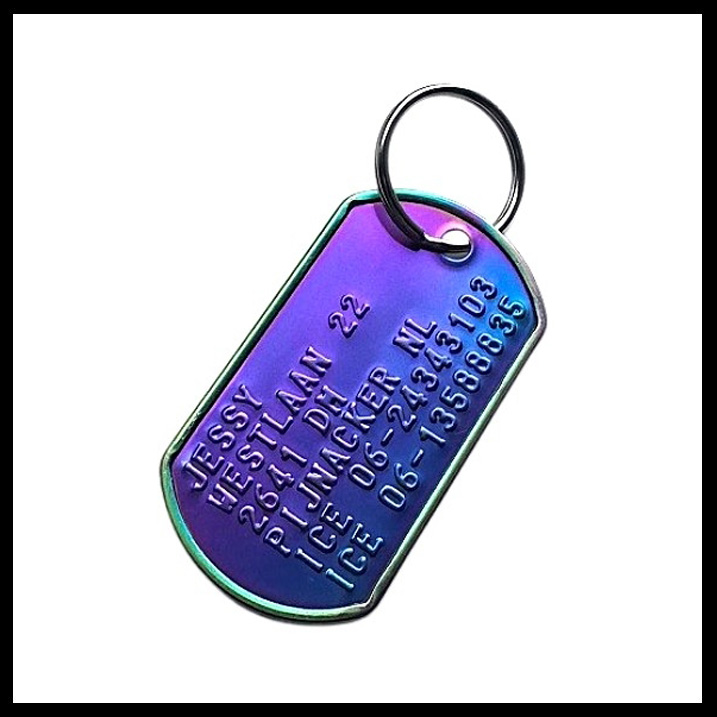 Dogtag RVS kleur elektrolytisch gekleurd incl. RVS sleutelring